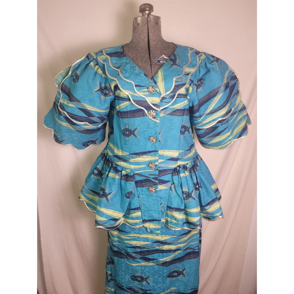 Vintage 50s 60s‎ Tropical Fish Print Set Skirt Blouse Jacket Blue Funky Volup XL - Picture 2 of 16